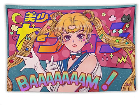 JOKIMAL Japanisches Kawaii-Anime-Mädchen, Kunst, Mond, Rosa, niedlicher Wandteppich, Wanddekoration für Schlafzimmer, 101,6 x 152,4 cm