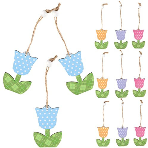Housoutil Wooden Flower Hanging Decorations, 12PCS Spring Wooden Decorations, Spring Tree Hanging Decorations for Mother Day Easter