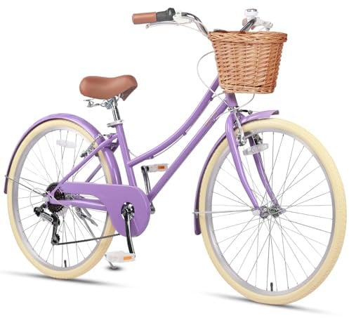 Glerc Missy 26 Zoll Mädchen Cruiser Jugend Teen Frau Fahrrad 6-Gang Teen Hybrid Fahrrad für Jugendliche im Alter von 14 15 16 17 18 19 20 Jahre alt mit Weidenkorb & Leichtgewicht,lila