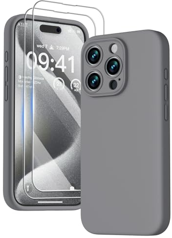 GOODVISH 3 in 1 für iPhone 15 Pro Hülle Liquid Silikon, mit 2 Stück Schutzfolie [Upgraded Kameraschutz] Soft Mikrofaserfutter Handyhülle Kratzfest stoßfeste Schutz Case für iPhone 15 Pro 6.1, Grau