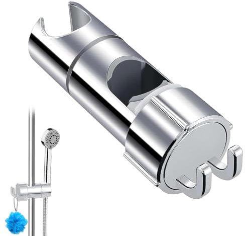 Adjustable Shower Head Holder Replacement with 2 Hooks Shower Holder Bracket for 16mm-27mm Shower Head Bracket Chrome Plated Shower Slider Rail Clamp Shower Holder Replacement Easy Installation