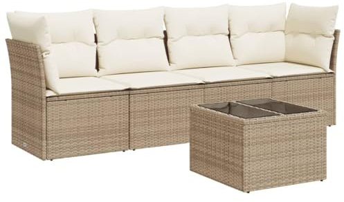vidaXL Garten Sofa Garnitur 5-TLG., Gartenmöbel Set mit Kissen, Sitzgruppe für Garten Terrasse, Modular Gartensofa Lounge, Tisch mit Glasplatte, Beige Poly Rattan
