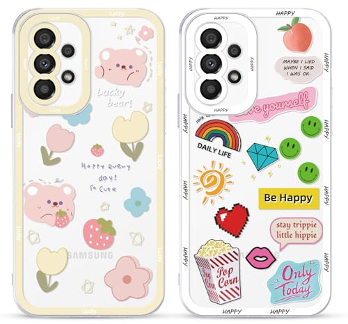 Yoedge 2 Stück Happy Bär Blumen Aesthetic HandyHülle für Samsung Galaxy A33 5G Hülle 6,4, Transparent Smile Muster Design Kameraschutz Schutzhülle für Samsung A33 5G Case Mädchen Frauen Kawaii Cover