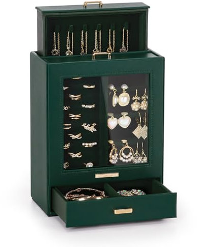 Seelux Schmuckkästchen, Schmuckschatulle mit 3 Schubladen, Schmuckkasten mit Glasfenster, für Halsketten, Ringe, Armbänder, Ohrringe (Dunkelgrün + Gold)