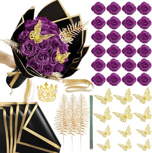 SEMONONIA Glitter Flower Roses Bouquet - 24 Pack DIY Fake Shiny Rose with Stems Eternal Floral for Elegance Wedding Bouquet Anniversary Birthday, Valentine's Day, Mother's Day, Love Gift- Purple