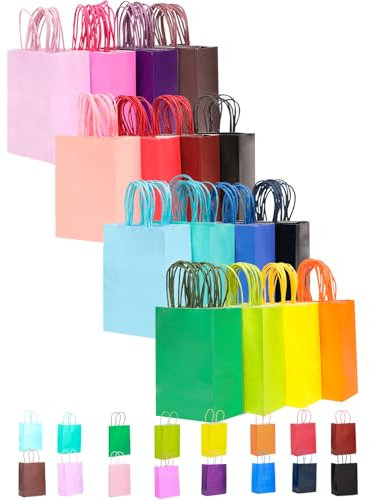 Gcarist 32PCS Rainbow Paper Gift Bags with Handles Bulk 21×15×8CM 16 Different Color Gift Bags Small Size with Different Color Handle Multiple Uses (8.3x6x3.15Inch, Small Size)