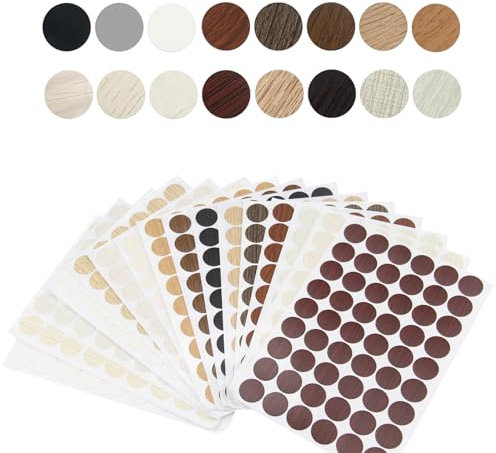 XIAQICA 16 Feuilles 864 Pcs Cache Vis Auto-adhésif PVC 21mm Autocollant Trou de Vis Bois 16 Couleurs Rond Meubles Trou de Vis Autocollants Anti-poussière Étanche Bois Texturé Cache Vis