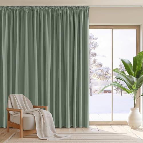 PONY DANCE Extra Long and Extra Wide Curtain for Room Divider - Sage Green Blackout Thermal Curtain with Hooks for Bedroom, Pencil Pleat Drape for Hotel Living Room, 1 Panel, 118 x 96 Inch