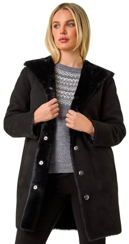 Roman Petite Faux Sheepskin Reversible Hooded Coat for Women UK Ladies Autumn Everyday Winter Holiday Long Sleeve Soft Pocket Details Comfy Relaxed Fit Office Desk