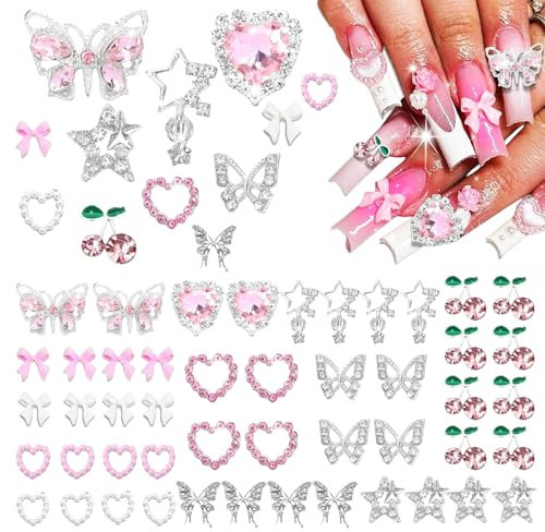Cosmeria Y2K Nail Charms Set, 48 Pieces, With Hearts, Butterflies, Bows And Stars, Perfect For Creative Nail Art And Trendy Manicure Looks