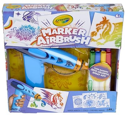 Crayola Marker Airbrush Spray Art Kit, Battery-Powered Sprayer with 8 Washable Markers & 5 Stencils, DIY Craft Set for Kids, Gift for Boys & Girls, Ages 6+
