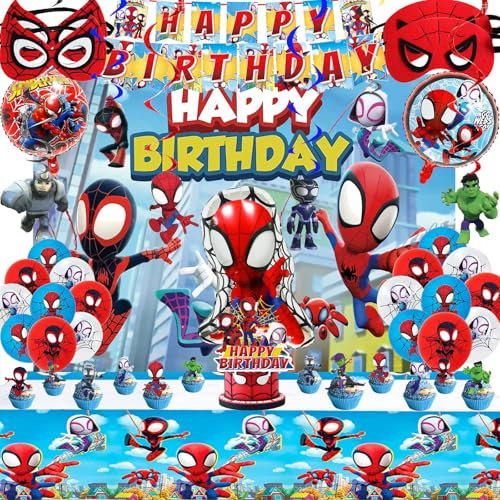 JEXHBFD Decoración de cumpleaños para niños, juego de vajilla de fiesta de cumpleaños con decoración, máscaras de ojos, globos, decoración de tartas, mantel, diseño de dibujos animados, rojo