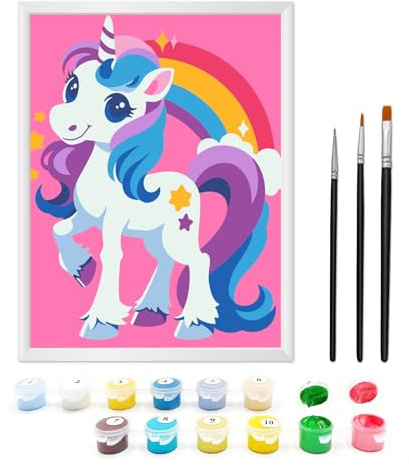 Zimrobin Peinture Par Numéros à partir de 7, 8, 9 Ans, Fille et Garçon, Peinture Par Numéros pour Enfants avec Cadre, 3 Pinceaux et Peintures Acryliques, 18 x 24 cm (Beaux Licornes)