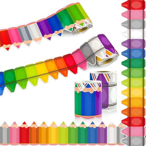 CHNBCG Regenbogen-Pinnwand-Bordüre, 20 m, Buntstift und Bleistift, Klassenzimmer-Dekoration, wiederverwendbare Zierleiste für Schulanfang, Lehrer und Heimschule (2 Rollen)