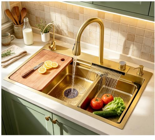 ATHOMASM Kitchen Sink, Gold Appearance, 75 x 50 cm, Stainless Steel Sink with Extendable Tap, Basement, Multi-Functional Sink with Waterfall Function, Complete Set