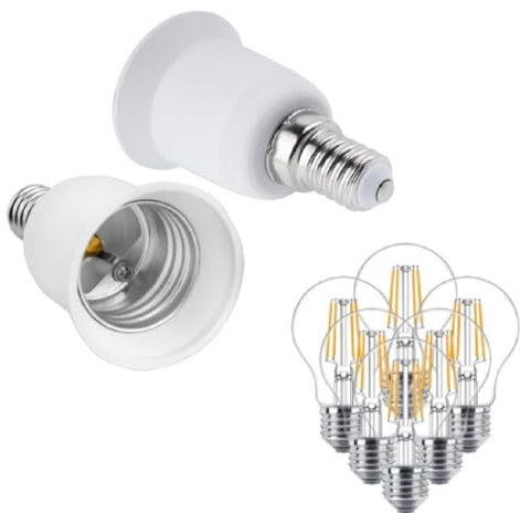 5 x E14 auf E27 Adapter Konverter + 5 x 6W LED Lampe Warmweiß, Lampenfassung E14 auf E27 Lampensockel Adapter, Fassung für Kleine Schraube zu Große Schraube, für LED Lampe, Halogen und CFL-Birne