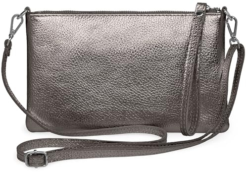 Caspar Kompakte Leder Clutch Damen Umhängetasche Abendtasche mit verstellbarem Schultergurt - CLASSIC LINE - Modell No.834 - Made in Italy, Farbe:taupe metallic