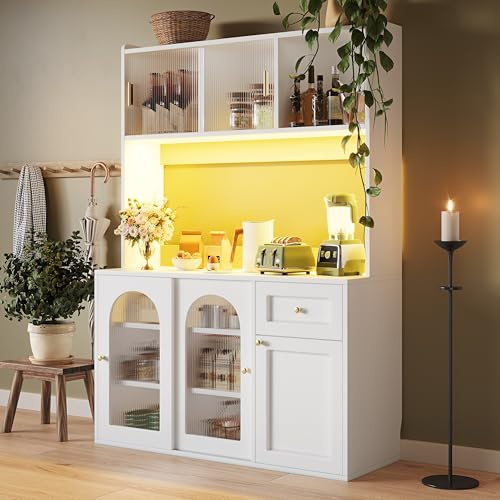 Gxffipw Küchenschrank mit Verstellbaren Ablagen und LED-Beleuchtung, Buffetschrank Hochschrank mit Türen und Schubladen, Küchenschränke mit Arbeitsplatte, Küchenmöbel, Weiß, 120×35×167 cm
