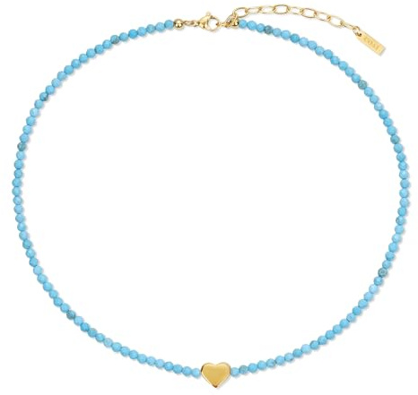 COAI Echtes Edelstein Perlenkette Damen Herz Halskette mit 3 mm Facettierten Steinperlen Vergoldetem Herz Anhänger Handgefertigter Boho Schmuck