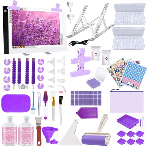 DNSGOOR 189Pcs Kit de Accesorios de Arte de Diamante,Diamante de Pintura Herramientas Kit con Mesa de Luz para Calcar A4, Diamante Arte Sellador Pegamento Artesanal de Bricolaje