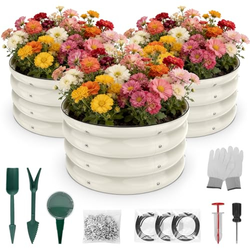 Shall Kit per aiuola rialzata rotonda da 3 pezzi (61 cm * 28,8 cm), fioriera rialzata per esterni con bordi di sicurezza, facile da montare, adatta per fiori e frutti.