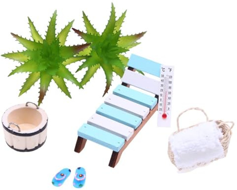 16 Stück Miniatur Sauna Zubehör Set für DIY Dekor - Harz, Holz & Kunststoff Sauna Szene Requisiten Einschließlich Pflanzen, Liege, Eimer, Handtuch, Eiskübel, Tassen, Thermometer, Buch, Tablett