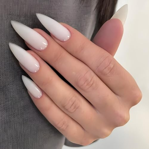 Ceboic French Tip Press on Nails, Long Stiletto Fake Nails, White Solid Color Acrylic Glossy Full Cover False Nail, Removable Glue on Nail, Elegant Reusable Stick on Nails for Women Girls Daily Wear