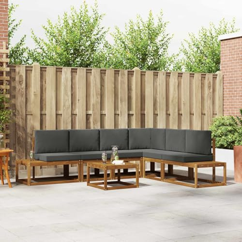 GeenYuu Ensemble de canapé d'extérieur 7 pièces en bois d'acacia massif avec coussins amovibles en naturel et anthracite, design modulaire pour terrasse, jardin, piscine, salon confortable avec