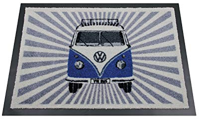 BRISA VW Collection - Volkswagen Fuß-Matte-Tür-Vorleger-Schuh-Schmutzfang-Abstreifer mit T1 Bulli Bus Motiv (Samba/Streifen/Blau)