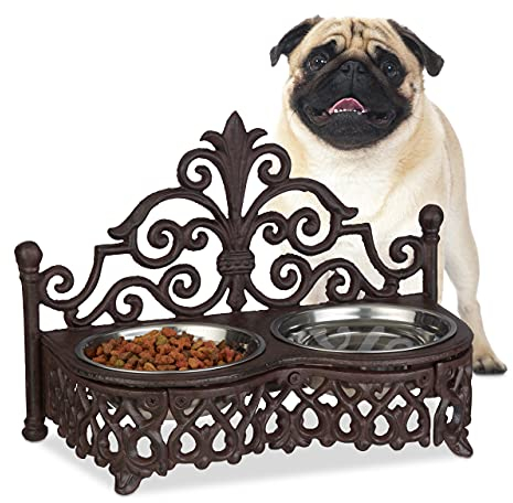 Relaxdays Gamelle chiens style antique double écuelle antiquités fonte fer forgé 2x bols inox 0,3 litre, marron