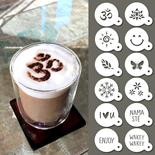 QBIX Cappuccino-Schablonen - wiederverwendbare Barista-Schablonen - Kaffee-Schablonen - 12 Stück - Yoga, Natur & gute Stimmung