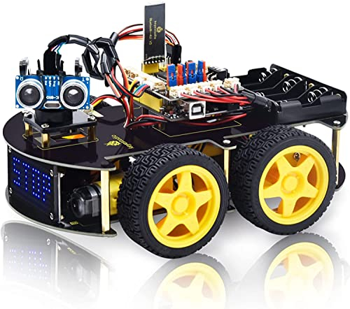 KEYESTUDIO 4WD Robot Car Starter Kit per Arduino R3, Bluetooth IR Remote Control, Line Follow, Evitare ostacoli, ecc Programmazione Robotica Kit per per 14+ adolescenti bambini e adulti
