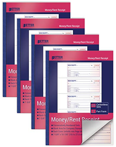 Better Office Products Cash Money and Rent Receipt Books, 4 Pack, Large Size, 2-Part Carbonless (White/Canary Yellow), 7-5/8 x 10-7/8 inches, 4 Sets per Page, 200 Sets per Book (800 Total Sets)
