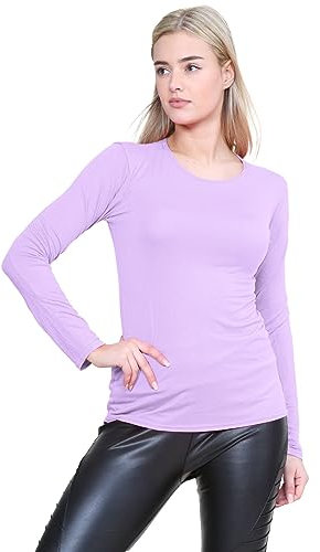 janisramone® Long Sleeve T Shirts Women, Plain Round Neck Breathable Basic Summer Tops for Women UK, Stretchy Slim Fitted Going Out Tops Lilac