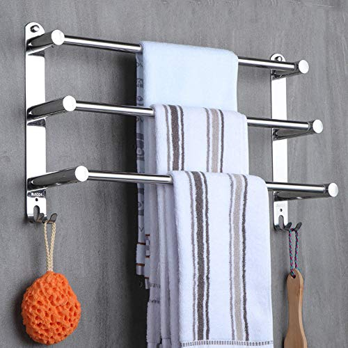 LANMOU 304 Edelstahl 3-Stangen Handtuchhaltern Teleskop Ohne Bohren, 50cm - 90cm Wandmontage Bad Handtuchablage mit Haken Einziehbar Selbstklebend Handtuchstangen für Badezimmer Küchen Toilette