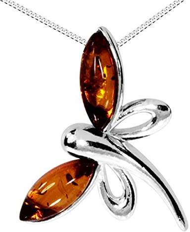 Kette mit Anhänger - Gleiter-Schmetterling - Silber 925/000 - Bernstein