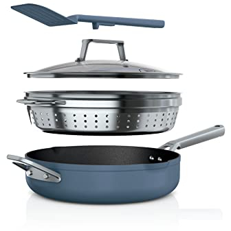 Ninja CW102BL Foodi NeverStick PossiblePan, Premium Set with 4-Quart Capacity Pan, Steamer/Strainer Basket, Glass Lid & Integrated Spatula, Nonstick, Durable & Oven Safe to 500°F, Macaron Blue