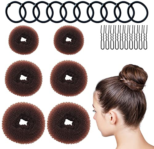 6 Stück Duttkissen, Donut Hair Bun Maker Set mit 10 Elastische Haarband und 10 u-förmige Haarnadeln, VEGCOO Duttkissen klein und groß Nylon Haardonut braun Dutt Hilfe für Kinder Mädchen