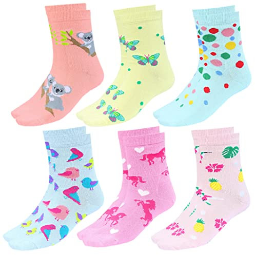 TupTam Calze con Fantasia Colorate per Bambini, 6 Paia, Uccello/Farfalle/Koala/Rosa/Blu/Giallo/Colorato, 19-22