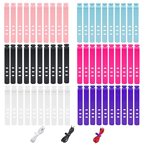SDwfxd 60 Stk Silikon Kabelbinder, Kabelbinder Wiederverwendbar für Ladekabel USB-Kabel Kopfhörer Sicherung von Datenleitungen und Kabeln (6 Farben), 258