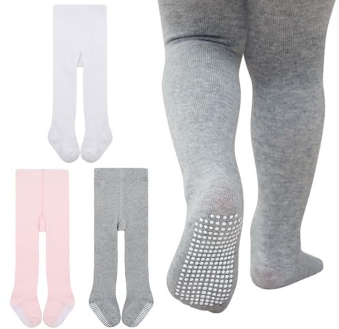 Durio Collants pour bébé en coton avec stoppeurs antidérapants et chauds, 3 paires de collants gris, blanc et rose, 6-12 mois