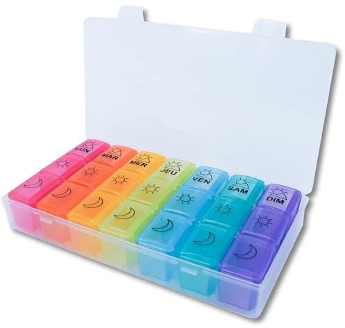 MEDIPILL - Pilulier Semainier Français | 7 Jours 3 prises Matin Midi Soir | 21 Compartiments | Boîte à médicaments | Boîte à pilules cardio | Grand pilulier | Transparent - Arc-en-ciel | MED-BOX21-TA