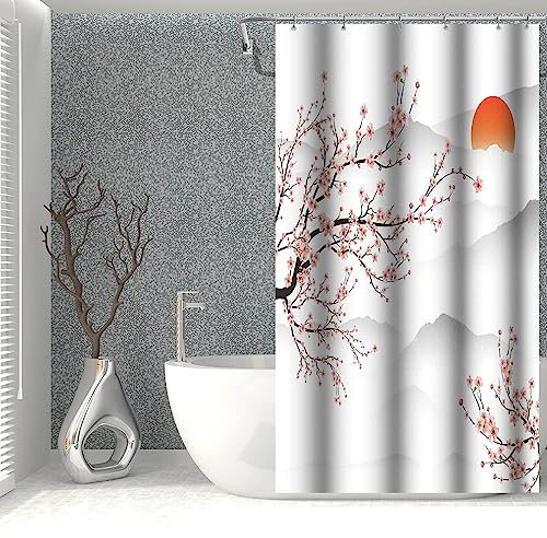 SDOTPMT 90x180cm Rideau de Douche Sakura Asiatique Rideau de Douche de Branche de pêche de Mont Fuji Japon Sunrise Mist Rideau de Salle de Bain pour Salle de Bain