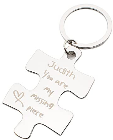 Personalised with Names You are my Missing Piece Design Engraved Silver Jigsaw Keyring in a Black Velvet Pouch