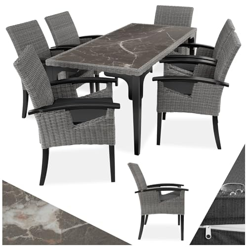 tectake® Rattan Möbel Set, 6X Stühle, 1x Tisch, modern, Korbsessel mit Armlehne, Esstisch Marmor Optik, Esszimmer Lounge Gartenmöbel für Balkon, Terrasse, Wintergarten, Outdoor Küche - grau