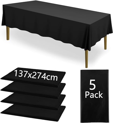 AKOLAFE 5 Stück Rechteckige Schwarz Tischdecke 137x274cm Wasserdicht Abwaschbar für Party, Picknick, Weihnachten, Geburtstag