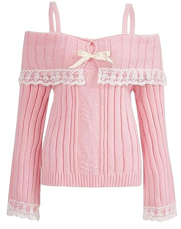 Betrodi Women Y2K Off Shoulder Sweater Long Sleeve Lace Trim Open Back Straps Knitted Top Cute Pullover Jumper Crop Tops Shirt