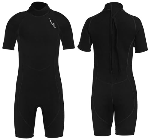 OMGear Wetsuit for Children 3mm Neoprene Shorty Suit Black Short Sleeve Dive Suit Thermal Swimwear Kids Junior Boys Scuba Diving Surfing Snorkeling Gear(Kid ShortBlack09,6)