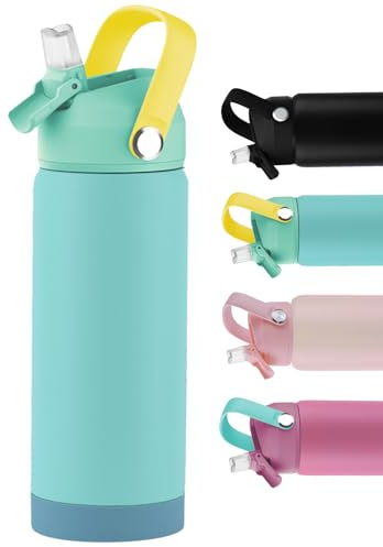 VUNKQU Stainless Steel Water Bottle with Straw, 500ml/18oz Insulated Water Bottles with Straw, Flip up Metal Vacuum Flask for Hot and Cold Drink Leak Proof, Great for Camping for Gym Sports- Green