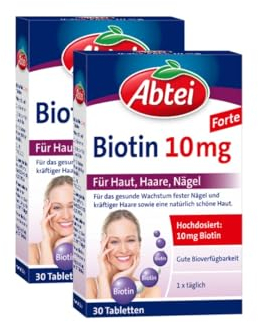 Abtei Biotin 10mg Forte - hochdosiertes Biotin - für schöne Haut, Haare und Nägel - zur Vorbeugung von Biotinmangel - laborgeprüft - 30 Tabletten (Packung mit 2)